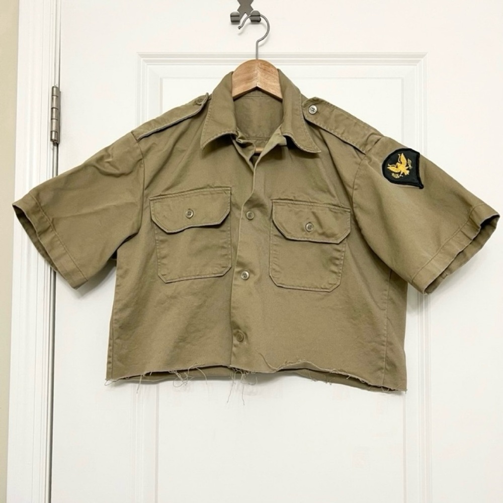 Vintage Oversized Tan Cropped Military Button Down Shirt